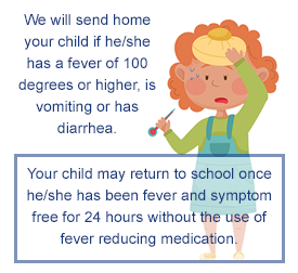 Your child will be sent home if he/she has a fever of 100 degrees or higher, is vomiting or has diarrhea. Your child may return to school once he/she has been fever and symptom free for 24 hours without the use of fever reducing medication.